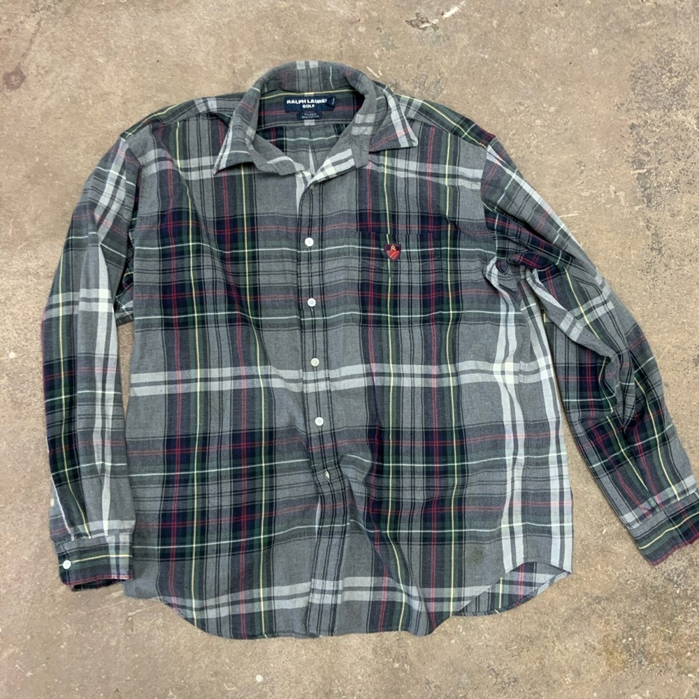 Vintage Ralph Lauren Golf Tilden Button Down Long Sleeve Shirt Gray Plaid Cotton